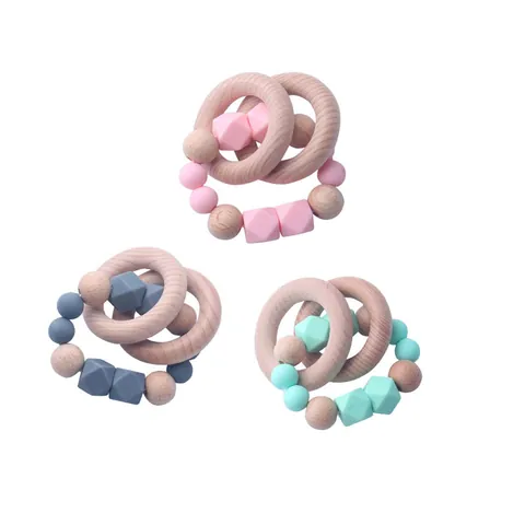 Beech Wood Silicone Baby Teether Bracelet BPA Free Geometric Silicone Beads Wooden Rings Teething Toy For Infant Grasping Training