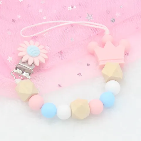 Clip de Chupete de Silicona para Bebé Cuentas de Madera Corona Margarita Cadena Calmante Anti-pérdida Color Macarrón
