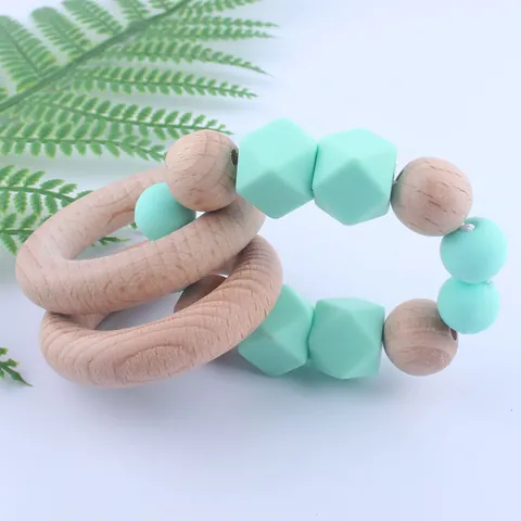 Beech Wood Silicone Baby Teether Bracelet BPA Free Geometric Silicone Beads Wooden Rings Teething Toy For Infant Grasping Training