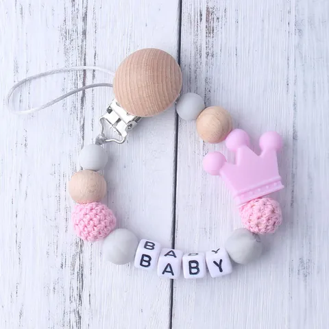 Baby Pacifier Clip Chain Silicone Teething Beads Beech Wood Crown Letter Alphabet Anti-lost Nipple Holder Shower Gift