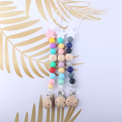 Silicone Baby Pacifier Clip Chain With Wood Beads Star Shaped Teething Holder For Infants Teether Toy Strap Baby Supplies