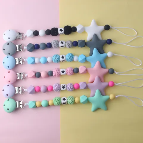 Handmade Silicone Pacifier Clip Chain Baby Teether Holder With Star Pendant Crochet Beads Soother Strap For Infants