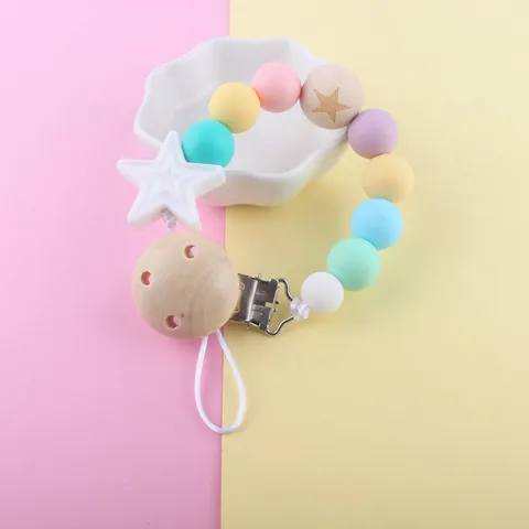 Silicone Baby Pacifier Clip Chain With Wood Beads Star Shaped Teething Holder For Infants Teether Toy Strap Baby Supplies