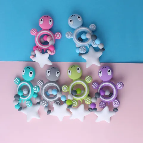 Cartoon Schildkröte Baby Silikon Beißring BPA Frei Lebensmittelechtes Silikon Beruhigendes Spielzeug Mit Sternanhänger Silikonperlen Für Säuglinge