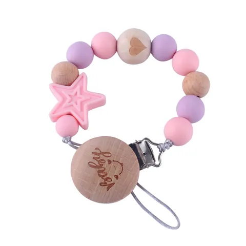 Silicone Beech Wood Baby Pacifier Chain Clip With Star Teether Beads Holder For Infant Toddler Teething Toy Gift