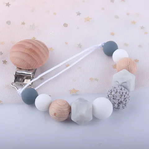 Baby Silicone Beech Wood Pacifier Clip Beaded Teething Chain Anti-lost Binky Holder For Infants Toddlers Nursing Toy Newborn Gift