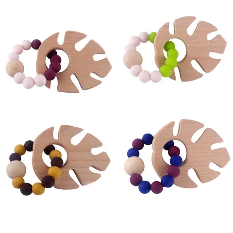 Baby Teether Bracelet Beech Wood Silicone Monstera Leaf Teething Relief Toy For Infant Grasping Sensory Training Nursing Toy
