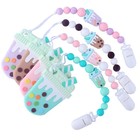 Silicone Boba Pearl Milk Tea Baby Teether Pacifier Clip Chain For Infants Toddlers Soft Chew Toy For Teething Relief