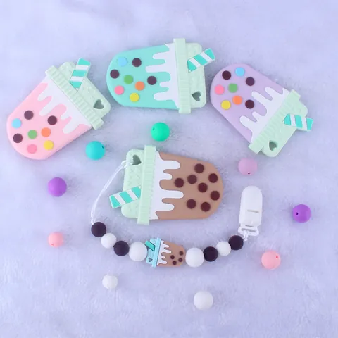 Silicone Boba Pearl Milk Tea Baby Teether Pacifier Clip Chain For Infants Toddlers Soft Chew Toy For Teething Relief