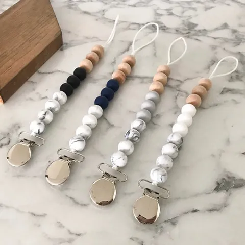 Silicone Beech Wood Baby Pacifier Clip Marble Pattern Handmade Infant Soothing Teether Chain Holder Leash For Boys Girls