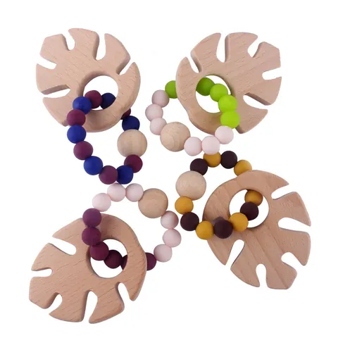 Baby Teether Bracelet Beech Wood Silicone Monstera Leaf Teething Relief Toy For Infant Grasping Sensory Training Nursing Toy
