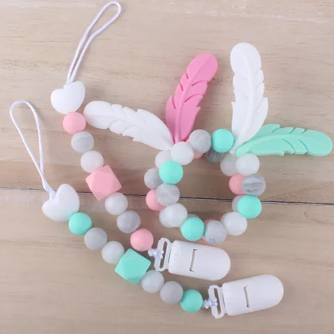 Baby Silikon Schnullerkette Und Beißring Zubehör Lebensmittelechtes Silikon Feder Herz Perlen Beruhigendes Beißspielzeug Säuglinge