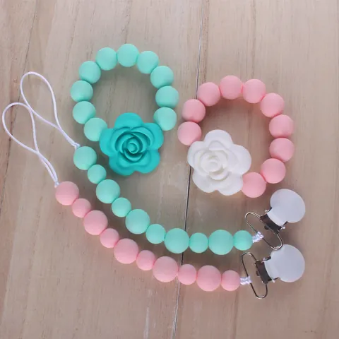 Anneau de Dentition en Silicone pour Nourrissons Et Attache-tétine Fleur Rose Jouet de Dentition pour Bébés Accessoire Apaisant