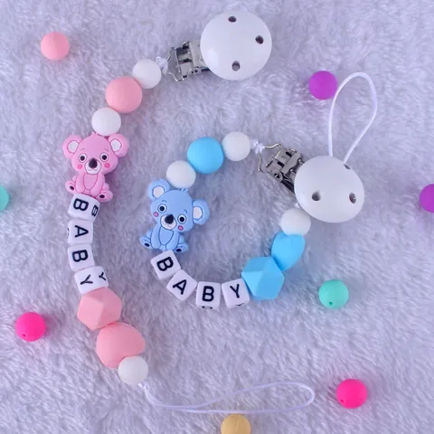 Sujetachupetes de Silicona para Bebé Cadena de Cuentas de Koala Antipérdida para Bebés Soporte para Mordedor Letras BABY