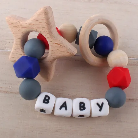 Baby Silicone Beech Wood Teether Toy BPA Free Infant Grasping Rattle Hedgehog Whale Star Animal Teething Ring Gift