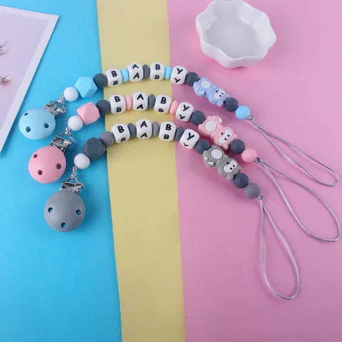 Baby Schnullerkette Lebensmittelechtes Silikon Waschbär Beißring Perlen Buchstabe Beruhigungsleine Für Säuglinge Jungen Mädchen
