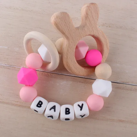 Baby Silicone Beech Wood Teether Toy BPA Free Infant Grasping Rattle Hedgehog Whale Star Animal Teething Ring Gift