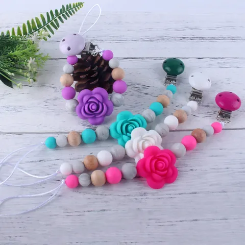 Silikon Rosenblüte Baby Schnullerkette Holzperlenkette Für Säugling Beißspielzeug Anti-Verlust Schnullerhalter Leine