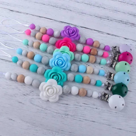 Silikon Rosenblüte Baby Schnullerkette Holzperlenkette Für Säugling Beißspielzeug Anti-Verlust Schnullerhalter Leine