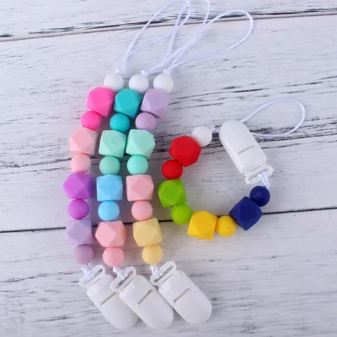 Silicone Baby Pacifier Clip Teether Chain BPA Free Geometric Beads Plastic Clip Anti-Drop Soother Holder For Infant Toy