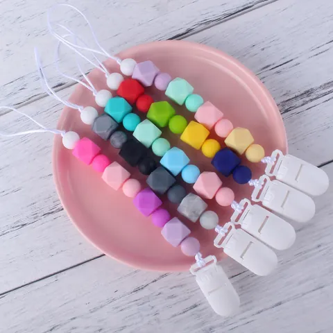 Silicone Baby Pacifier Clip Teether Chain BPA Free Geometric Beads Plastic Clip Anti-Drop Soother Holder For Infant Toy