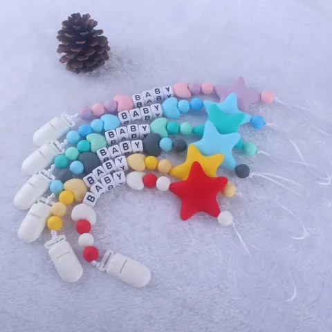 Silicone Baby Pacifier Clip Star Heart Beads Anti-Lost Soothing Toy Chain For Infants Toddlers Food Grade BPA Free Chain