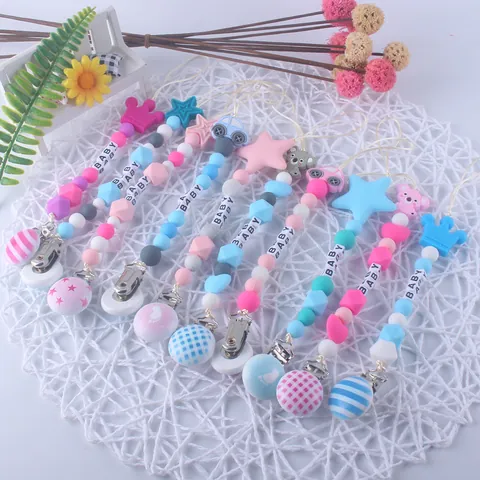 Baby Pacifier Clip Silicone Teething Beads Soother Holder Cartoon Star Car Koala Animal Anti-Drop Chain Infant Feeding Accessories