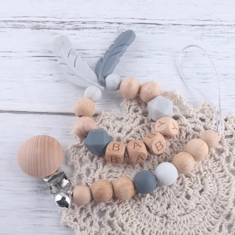 Handmade Baby Pacifier Clip And Teether Bracelet Beech Wood Silicone Beads Anti Lost Soothing Chain With Bell For Newborn Toddler