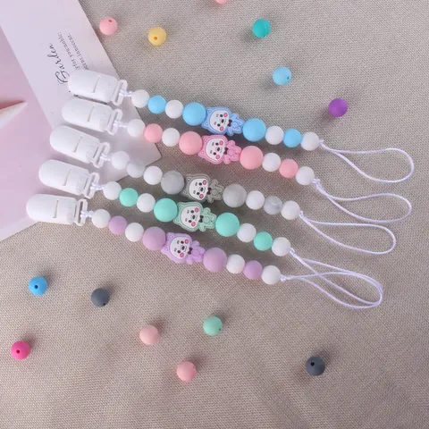 Cadena de Chupete de Silicona para Bebé con Cuentas de Animales de Dibujos Animados Oso Gato Calmante de Dentición para Infantes