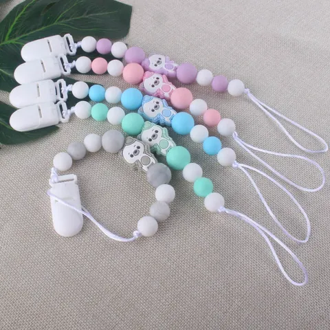 Baby Silicone Pacifier Clip Chain Cartoon Animal Bear Piglet Pattern Anti-drop Teether Bead Strap For Infants Boys Girls