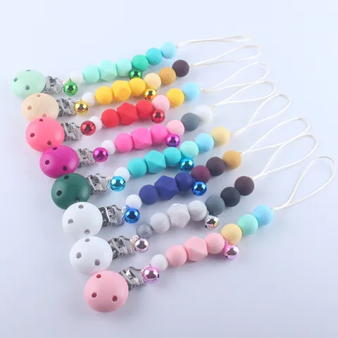 Handmade Silicone Beads Baby Pacifier Clip With Metal Bell Safety Teether Chain Holder For Newborn Infants Teething Toy Accessory