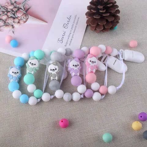 Baby Silicone Pacifier Clip Chain Cartoon Animal Bear Piglet Pattern Anti-drop Teether Bead Strap For Infants Boys Girls