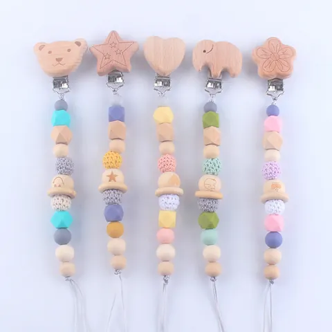 Handmade Silicone Wood Pacifier Clip Chain Crochet Beads Teether Holder For Baby Star Heart Elephant Shape Teething Toy