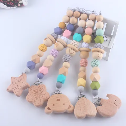Handmade Silicone Wood Pacifier Clip Chain Crochet Beads Teether Holder For Baby Star Heart Elephant Shape Teething Toy