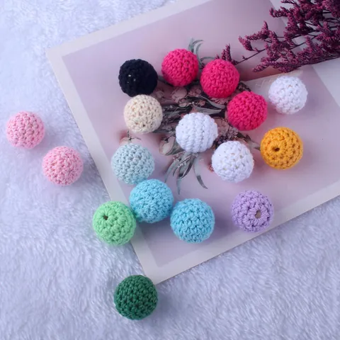 Perles en Bois au Crochet 20mm Perles Rondes en Fil de Coton Tricoté pour Création de Bijoux DIY Attache Sucette Artisanat