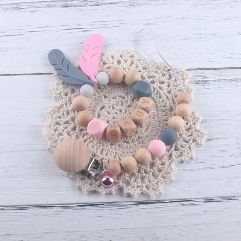 Handmade Baby Pacifier Clip And Teether Bracelet Beech Wood Silicone Beads Anti Lost Soothing Chain With Bell For Newborn Toddler