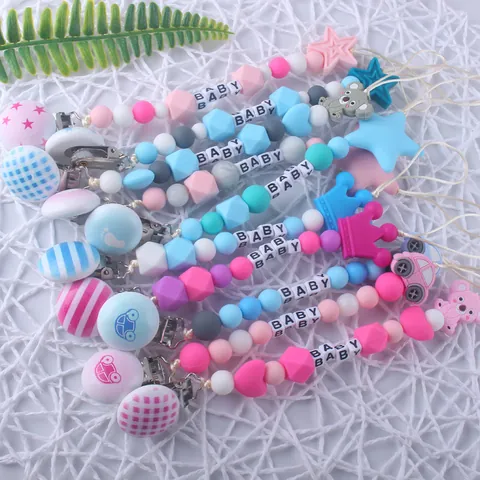 Baby Pacifier Clip Silicone Teething Beads Soother Holder Cartoon Star Car Koala Animal Anti-Drop Chain Infant Feeding Accessories