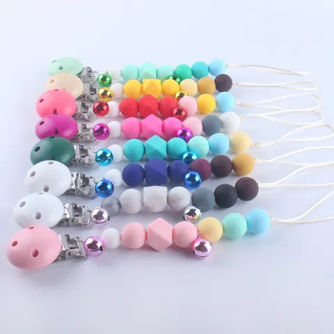Handmade Silicone Beads Baby Pacifier Clip With Metal Bell Safety Teether Chain Holder For Newborn Infants Teething Toy Accessory