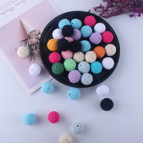 Perles en Bois au Crochet 20mm Perles Rondes en Fil de Coton Tricoté pour Création de Bijoux DIY Attache Sucette Artisanat