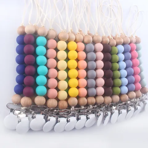 Baby Silicone Beechwood Pacifier Clip Chain BPA Free Teething Beads Anti-Drop Holder Strap Infant Nursing Toy Accessory