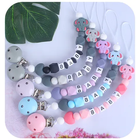 Silicone Baby Pacifier Clip Cartoon Elephant Teether Chain With Letter Beads For Infant Soother Holder BPA Free Baby Accessory