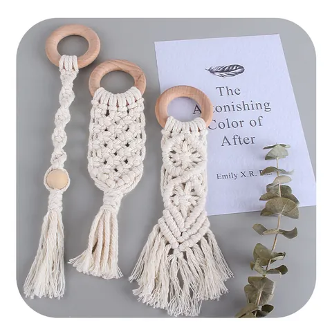 Handmade Woven Cotton Rope Baby Teether Beech Wood Ring Tassel Hanging Decor Bohemian Nordic Grasping Toy For Infants