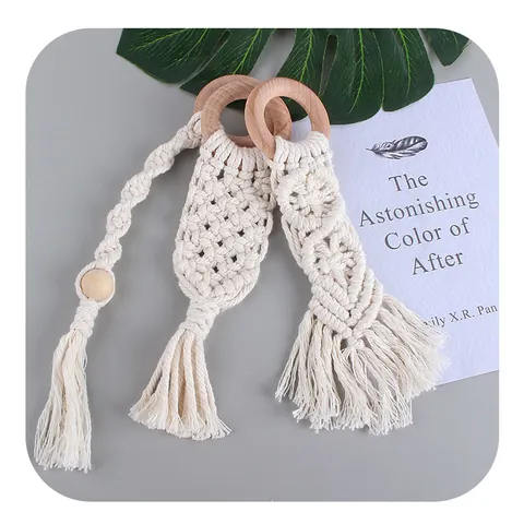 Handmade Woven Cotton Rope Baby Teether Beech Wood Ring Tassel Hanging Decor Bohemian Nordic Grasping Toy For Infants