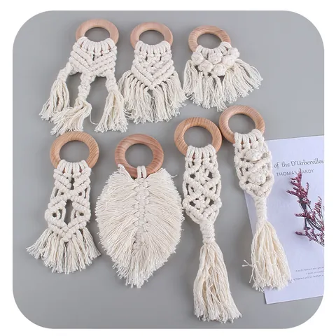 Baby Teether Beech Wood Macrame Cotton Rope Hand Knitted Chewing Toy For Infant Nursing Sensory Development Natural Wood Ring