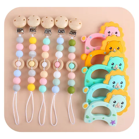Silicone Baby Teether Set With Wooden Pacifier Clip Chain Lion Shape Molar Toy BPA Free For Infants Toddlers Teething Relief
