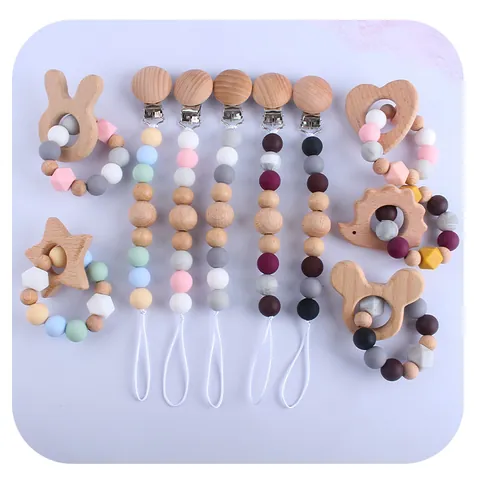 Beech Wood Silicone Baby Teether Pacifier Clip Cartoon Animal Star Heart Shaped Teething Relief Toy For Infant Toddler