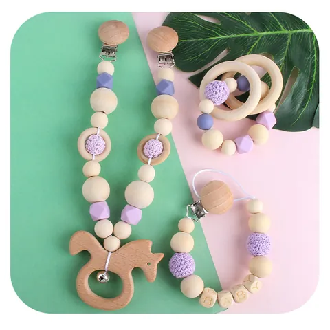 Baby Teether Toys Set Natural Beech Wood Silicone Pacifier Clip Stroller Hanging Toy Crochet Beads Infants Teething Rings Set