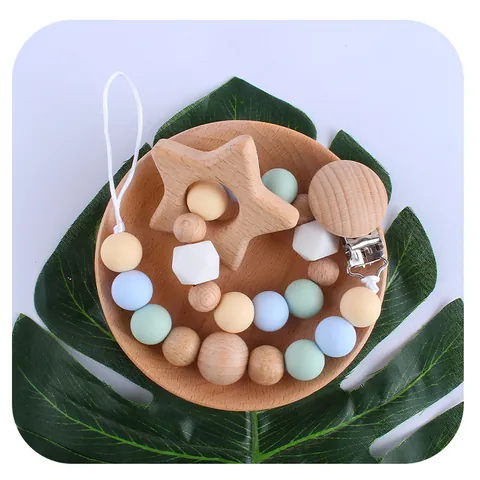 Beech Wood Silicone Baby Teether Pacifier Clip Cartoon Animal Star Heart Shaped Teething Relief Toy For Infant Toddler