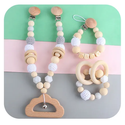 Baby Teether Toys Set Natural Beech Wood Silicone Pacifier Clip Stroller Hanging Toy Crochet Beads Infants Teething Rings Set