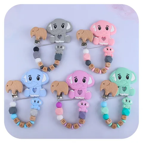 Elephant Baby Teether With Beech Wood Pacifier Clip Silicone Beads Letter Soothing Toy Food Grade Silicone Teething Accessory Set